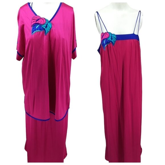 Vintage Pajama Chemise Cover Up Set Size M Pink Satin 80s Top Pajamas Nightgown - Picture 1 of 15